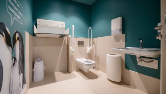 O WC para pessoas com mobilidade reduzida também está equipado em grande parte com produtos Geberit (© Michiel Stock)