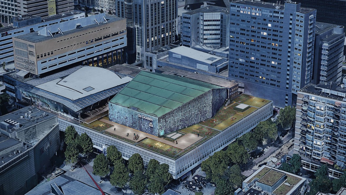 A cobertura plana mede mais de 2.500 m² e circunda o teto de cobre da grande sala de concertos (© Plotvis e Kraaijvanger Architecten)
