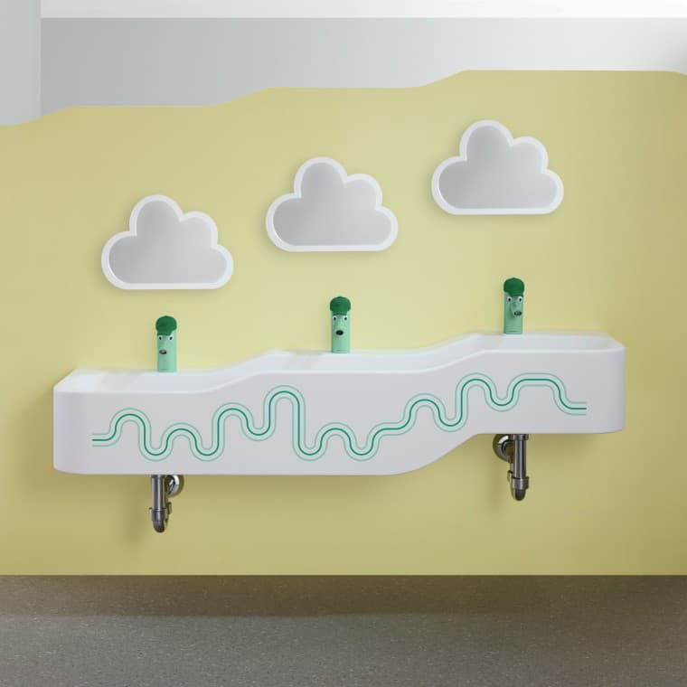 Espaço de diversão e para fazer a higiene Geberit Bambini em verde floresta e verde claro Espaço de diversão e para fazer a higiene Geberit Bambini em verde floresta e verde claro